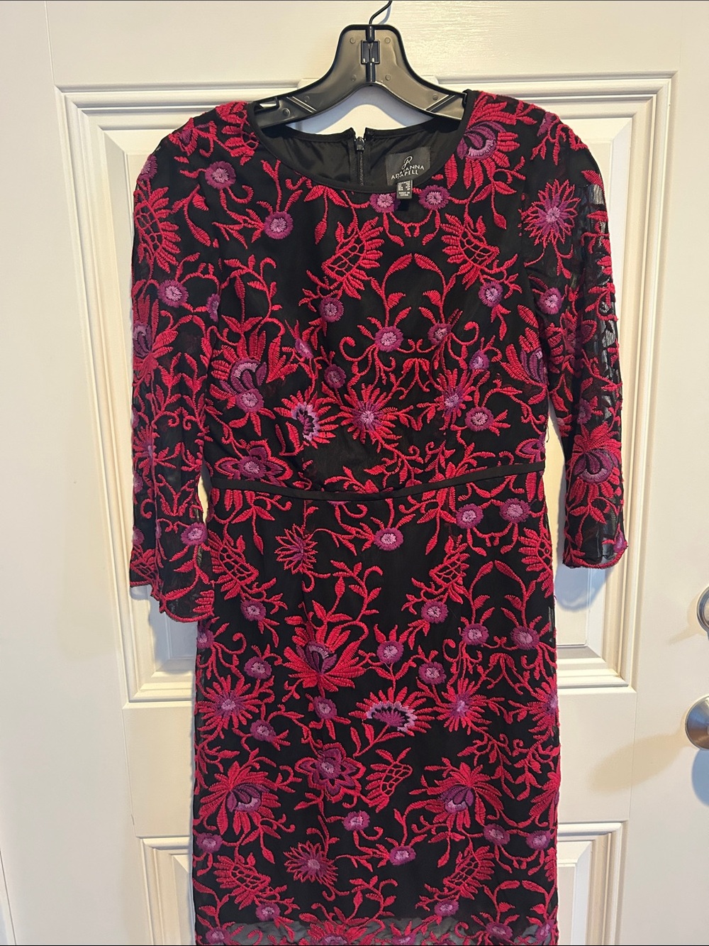 Adrianna Papell Black Dress with Fuchsia & Purple Floral Embroidery